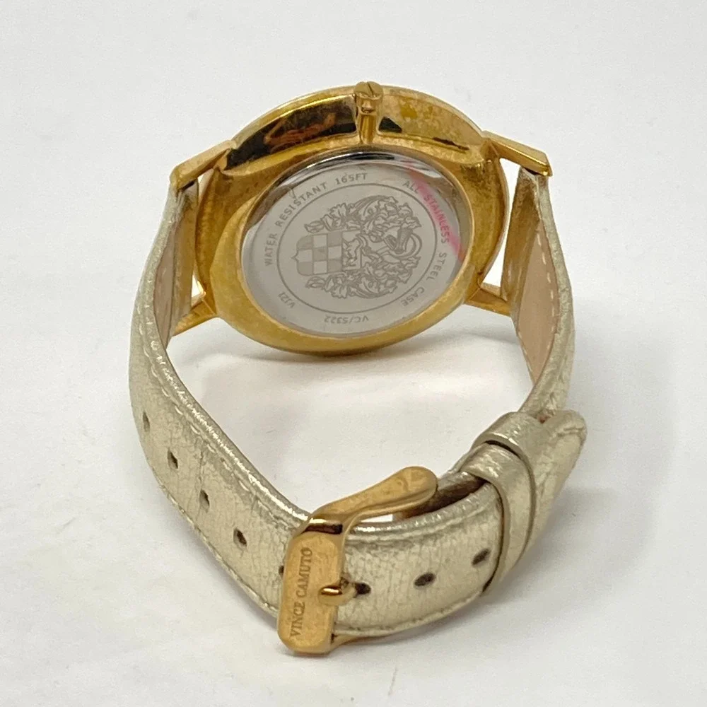 Vince Camuto Women's Watch 40mm Floral Dial Gold Tone Leather New Battery 8.25
